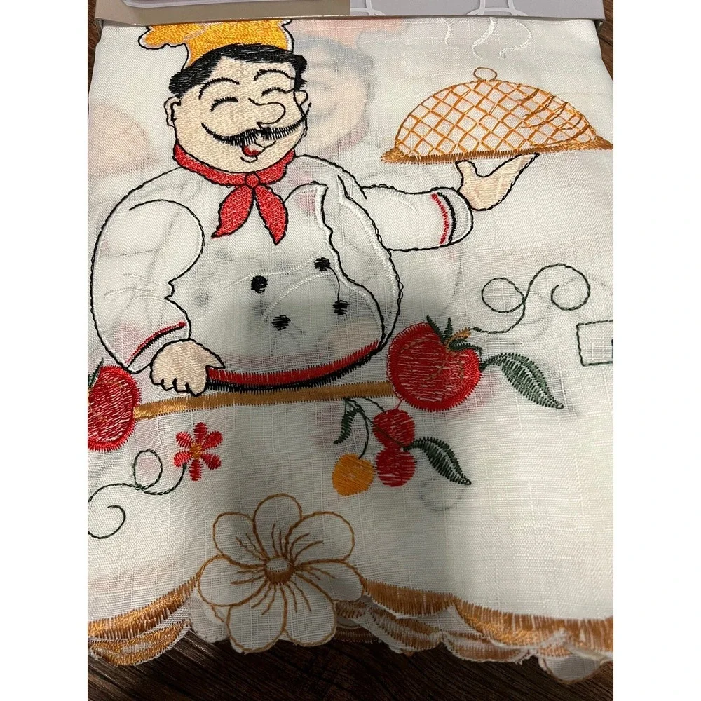 R H F Chef 3 Peace Embroidery Kitchen Curtain Set 1 Valance 2 Tiers New